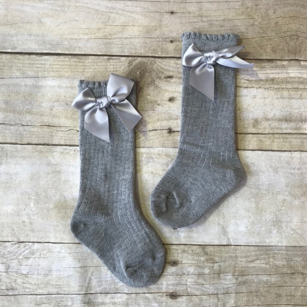 Boho Baby Girl Knee High Gray Ribbed Trouser Socks Satin Bowknot Accessory 9-12M